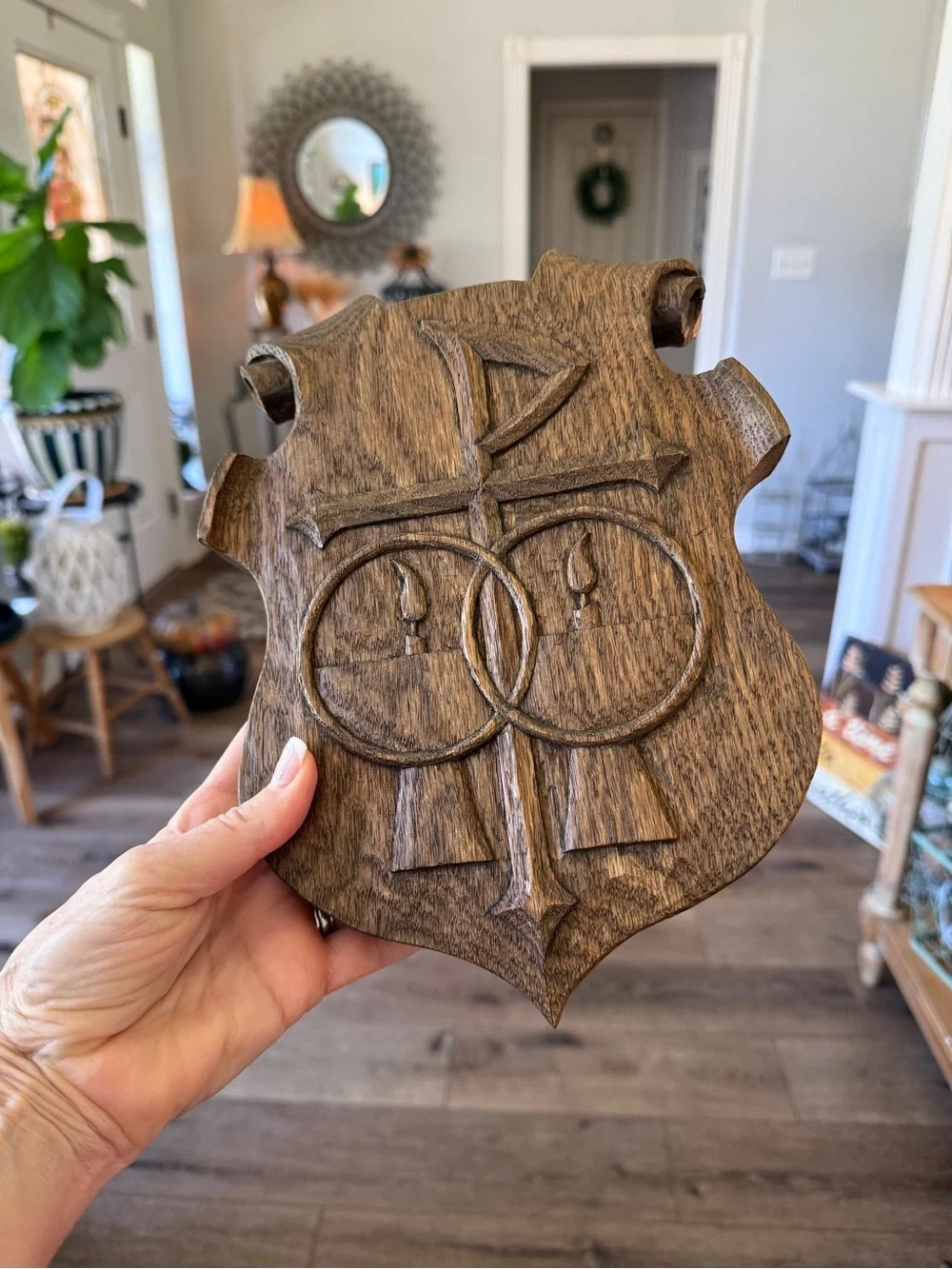 OOAK Vintage Hand-Carved Wood Shield Wall Plaque Wedding Symbols Chi Rho